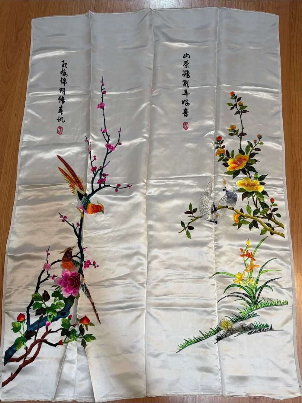 Vintage Chinese Silk Embroidered Bird & Blossom Wall Panel in White